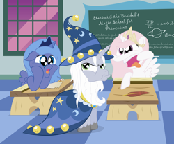 Size: 3852x3201 | Tagged: safe, artist:t-3000, character:princess celestia, character:princess luna, character:star swirl the bearded, classroom, filly, funny faces, high res