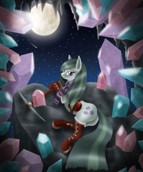 Size: 1125x1350 | Tagged: safe, artist:szafir87, character:marble pie, clothing, crystal, female, full moon, gem, moon, night, pickaxe, scarf, sky, solo, starry night, stars, stupid sexy marble pie