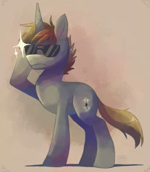 Size: 839x960 | Tagged: safe, artist:sharmie, oc, oc only, oc:order compulsive, species:pony, species:unicorn, frown, gray, needs more jpeg, solo, sunglasses