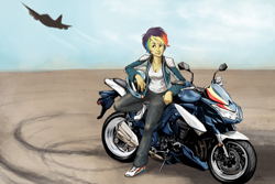 Size: 2400x1600 | Tagged: safe, artist:scorpiordinance, character:rainbow dash, species:human, clothing, female, humanized, jacket, jet, leaning, motorcycle, solo