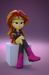 Size: 843x1300 | Tagged: safe, artist:creatorofpony, artist:fd-daylight, character:sunset shimmer, my little pony:equestria girls, 3d, blender, clothing, crossed legs, female, leather jacket, sitting, skirt, solo, unamused