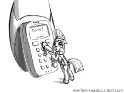 Size: 1000x747 | Tagged: safe, artist:fiddlearts, oc, oc only, oc:arrowhead, ask four inept guardponies, grayscale, monochrome, phone, solo