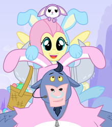 Size: 704x800 | Tagged: safe, artist:creepycurse, character:angel bunny, character:fluttershy, character:iron will, species:minotaur, species:pegasus, species:pony, species:rabbit, angelbetes, animal, bunception, buncursion, bunny costume, clothing, cute, easter, microphone, nose piercing, nose ring, piercing, redundant, the bun has been doubled, trio, willabetes