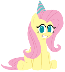 Size: 417x463 | Tagged: safe, artist:ponett, character:fluttershy, species:pegasus, species:pony, clothing, female, hat, mare, open mouth, party hat, simple background, sitting, smiling, solo, transparent background