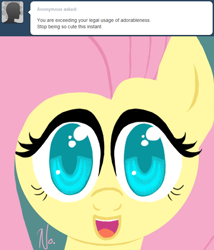 Size: 500x585 | Tagged: safe, artist:ponett, character:fluttershy, species:pony, breaking the law, bust, cute, denial, dialogue, female, full face view, looking at you, mare, no, open mouth, portrait, shyabetes, smiling, solo