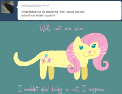 Size: 500x385 | Tagged: safe, artist:ponett, character:fluttershy, ask, cat, catified, female, smiling, solo, species swap, text, whiskers