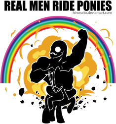 Size: 1078x1145 | Tagged: safe, artist:hinoraito, species:human, species:pony, explosion, monocle, moustache, rainbow, riding, silhouette