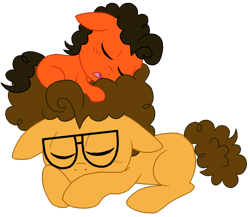 Size: 1024x887 | Tagged: safe, artist:crazynutbob, character:cheese sandwich, oc, oc:tomato sandwich, species:pony, brothers, colt, cute, diacheeses, male, mane as pillow, nap, siblings, sleep pile, sleeping, younger