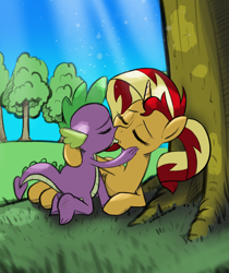 Size: 1500x1787 | Tagged: safe, artist:burning-heart-brony, character:spike, character:sunset shimmer, species:pony, species:unicorn, ship:sunsetspike, alternate hairstyle, eyes closed, female, grass, kissing, love, male, sky, straight, tree