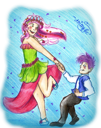 Size: 1616x2047 | Tagged: safe, artist:animagicworld, character:spike, character:spike (g3), character:wysteria, species:human, g3, clothing, dancing, dress, humanized, shoes, skirt, traditional art
