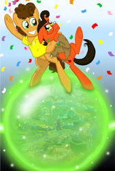 Size: 1501x2225 | Tagged: safe, artist:crazynutbob, character:cheese sandwich, oc, oc:tomato sandwich, brothers, business suit, confetti, cover art, equestria, gradient background, map of equestria, orb, siblings, sparkles