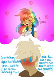 Size: 2000x2824 | Tagged: safe, artist:artistcoolpony, character:dumbbell, character:rainbow dash, species:human, ship:dumbdash, blushing, female, humanized, male, shipping, straight