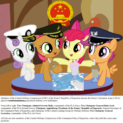 Size: 1100x1100 | Tagged: safe, artist:empty-10, edit, character:apple bloom, character:babs seed, character:scootaloo, character:sweetie belle, species:pegasus, species:pony, china, clothing, cutie mark crusaders, hat, map, military, milkshake