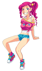 Size: 436x740 | Tagged: safe, artist:zoe-productions, character:pinkie pie, species:human, belly button, bra strap, clothing, daisy dukes, female, front knot midriff, grin, humanized, midriff, off shoulder, shorts, simple background, solo, transparent background