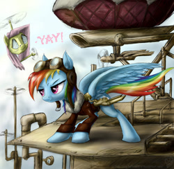 Size: 900x878 | Tagged: safe, artist:rule1of1coldfire, character:fluttershy, character:rainbow dash, species:pegasus, species:pony, bomber jacket, duo, goggles, robot, steampunk