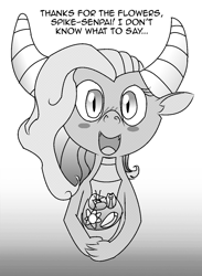 Size: 1128x1545 | Tagged: dead source, safe, artist:chiptunebrony, character:mina, character:spike, species:dragon, black and white, blushing, bouquet, cute, dragoness, female, flower, grayscale, halftone, happy, manga style, minabetes, monochrome, quote, romantic, senpai, smiling, spina
