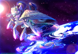 Size: 4092x2857 | Tagged: safe, artist:minamikoboyasy, character:princess luna, ear fluff, eyes closed, female, planet, solo, space, spread wings, stars, unshorn fetlocks, wings