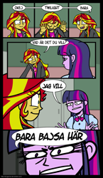 Size: 1021x1766 | Tagged: safe, artist:zicygomar, character:sunset shimmer, character:twilight sparkle, my little pony:equestria girls, comic, dialogue, parody, swedish, the most popular girls in school, toilet humor, translation, wat