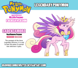 Size: 1024x896 | Tagged: safe, artist:greenlinzerd, character:princess cadance, colored wings, crossover, crystal heart, ear fluff, female, fluffy, legendary pokémon, looking back, multicolored wings, my little ponymon, pokémon, ponymon, raised leg, simple background, solo
