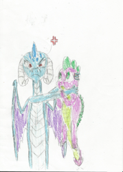 Size: 2353x3280 | Tagged: safe, artist:derek the metagamer, character:princess ember, character:spike, species:dragon, ship:emberspike, episode:gauntlet of fire, g4, my little pony: friendship is magic, female, glare, hug, male, overprotective, shipping, straight