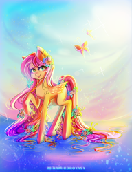 Size: 2893x3759 | Tagged: safe, artist:minamikoboyasy, character:fluttershy, butterfly, female, flower, flower in hair, raised hoof, solo, water