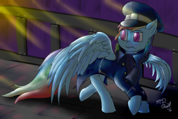 Size: 1024x683 | Tagged: safe, artist:m_d_quill, character:rainbow dash, clothing, female, solo, uniform