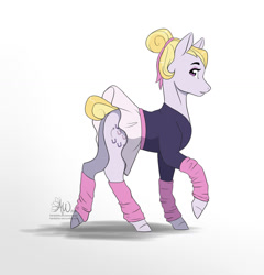 Size: 1024x1067 | Tagged: safe, artist:fairdahlia, character:hoofer steps, episode:on your marks, g4, my little pony: friendship is magic, clothing, hair bun, leg warmers, ribbon, simple background, skirt, solo, tutu