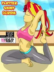 Size: 1920x2560 | Tagged: safe, artist:swagalicious-tony, character:sunset shimmer, my little pony:equestria girls, armpits, barefoot, belly button, clothing, eyes closed, feet, female, midriff, nike, older, solo, sports bra, stretching, tight clothing, wide hips, yoga, yoga pants