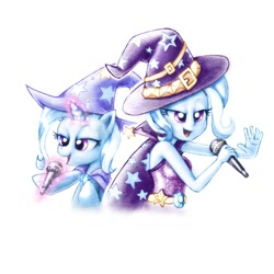 Size: 1280x1280 | Tagged: safe, artist:remyroez, character:trixie, species:pony, species:unicorn, my little pony:equestria girls, cape, clothing, female, glowing horn, hat, human ponidox, magic, mare, microphone, ponidox, rainbow rocks outfit, simple background, singing, trixie's cape, trixie's hat, white background