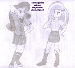 Size: 2786x2517 | Tagged: safe, artist:poseidonathenea, character:fleur-de-lis, character:rarity, my little pony:equestria girls, clothes swap, clothing, crystal prep academy uniform, french, monochrome, pencil drawing, school uniform, traditional art, translated in the comments