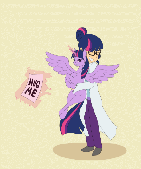 Size: 600x720 | Tagged: safe, artist:szafir87, character:twilight sparkle, character:twilight sparkle (alicorn), character:twilight sparkle (scitwi), species:alicorn, species:eqg human, species:human, my little pony:equestria girls, animated, cute, duality, female, hug, hug request, human coloration, human ponidox, humanized, ponidox, spread wings, square crossover, twiabetes, twolight, wings