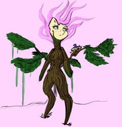 Size: 866x898 | Tagged: safe, artist:magello, character:fluttershy, species:bird, species:pony, bipedal, bird nest, color, dendrification, dryad, female, flutterdryad, fluttertree, pink background, simple background, solo, species swap, surreal