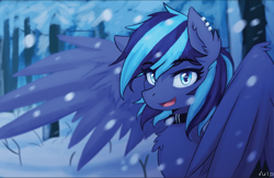 Size: 1964x1282 | Tagged: safe, artist:vulpessentia, oc, oc only, species:pegasus, species:pony, chest fluff, collar, ear fluff, ear piercing, female, looking at you, mare, open mouth, piercing, smiling, snow, snowfall, solo, spread wings, tree, wings, winter