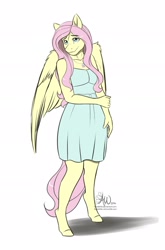 Size: 1267x1920 | Tagged: safe, artist:fairdahlia, character:fluttershy, species:anthro, species:unguligrade anthro, clothing, dress, female, solo