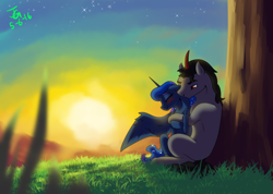 Size: 1024x731 | Tagged: safe, artist:joan-grace, character:king sombra, character:princess luna, ship:lumbra, blushing, eyes closed, female, floppy ears, hug, hug from behind, male, shipping, sitting, story in the source, straight, sunset, tree, twilight (astronomy)