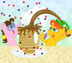 Size: 952x839 | Tagged: safe, artist:crazynutbob, oc, oc only, oc:fudge fondue, oc:pizza pockets, parent:cheese sandwich, parent:pinkie pie, parents:cheesepie, species:pony, blackberries, breakfast, chocolate chips, food, mother's day, next generation, offspring, pancakes, raspberry (food), strawberries, syrup, toss, twins, whipped cream