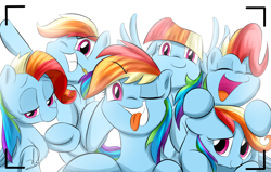 Size: 1700x1080 | Tagged: safe, artist:phuocthiencreation, character:rainbow dash, species:pegasus, species:pony, episode:newbie dash, g4, my little pony: friendship is magic, behaving like pinkie pie, care mare, chest fluff, cute, dashabetes, dashstorm, dynamic dash, eyes closed, female, floppy ears, forthright filly, grin, haystick, impersonating, looking at you, manebow sparkle, mare, multeity, one eye closed, open mouth, rainbow fash, raised hoof, reading rainboom, signature, simple background, smiling, solo, spread wings, tongue out, viewfinder, white background, wings, wink