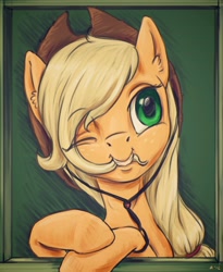 Size: 2300x2800 | Tagged: safe, artist:kovoranu, character:applejack, species:pony, bust, chewing, clothing, cowboy hat, cute, ear fluff, female, grin, hat, jackabetes, nom, portrait, silly, silly pony, smiling, solo, stetson, who's a silly pony, wink