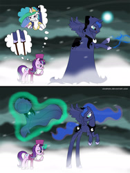 Size: 1440x1920 | Tagged: safe, artist:zoarvek, character:princess celestia, character:princess luna, character:snowfall frost, character:starlight glimmer, episode:a hearth's warming tail, g4, my little pony: friendship is magic, cloak, clothing, long legs, luna is not amused, spirit of hearth's warming yet to come, unamused