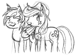 Size: 1113x795 | Tagged: safe, artist:bigshot232, character:applejack, character:rainbow dash, annoyed, monochrome, scrunchy face