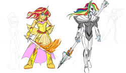 Size: 1280x747 | Tagged: safe, artist:kul, character:rainbow dash, character:sunset shimmer, my little pony:equestria girls, armor, design, fate/stay night, fiery shimmer, fire, looking at you, pose, servant, sketch, smiling, spear, sword, weapon
