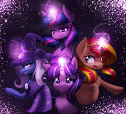 Size: 2181x1981 | Tagged: safe, artist:vulpessentia, character:starlight glimmer, character:sunset shimmer, character:trixie, character:twilight sparkle, character:twilight sparkle (alicorn), species:alicorn, species:pony, species:unicorn, chest fluff, counterparts, glowing horn, magic, magical quartet, simple background, twilight's counterparts