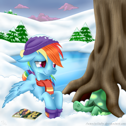 Size: 900x900 | Tagged: safe, artist:swanlullaby, character:daring do, character:rainbow dash, character:tank, species:pegasus, species:pony, episode:tanks for the memories, g4, my little pony: friendship is magic, book, clothing, colored pupils, crying, female, hibernation, mare, sad, scarf, signature, snow, tree