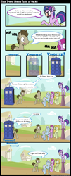 Size: 1000x2465 | Tagged: safe, artist:subjectnumber2394, character:berry punch, character:berryshine, character:carrot top, character:doctor whooves, character:golden harvest, character:shoeshine, character:time turner, character:twilight sparkle, species:pony, episode:it's about time, g4, my little pony: friendship is magic, comic, doctor who, tardis, the doctor, time paradox, time travel