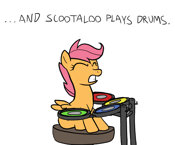 Size: 600x500 | Tagged: safe, artist:flavinbagel, character:scootaloo, species:pegasus, species:pony, animated, ask, ask gamer ponies, drums, eyes closed, female, filly, gif, headbang, rhythm game, rock band, simple background, solo, video game, white background