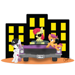 Size: 1600x1600 | Tagged: safe, artist:dr-whiskey, character:apple bloom, character:scootaloo, character:sweetie belle, species:pegasus, species:pony, boombox, cadillac, car, commission, cutie mark, cutie mark crusaders, sunglasses, the cmc's cutie marks