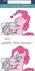 Size: 801x1603 | Tagged: safe, artist:flavinbagel, character:pinkie pie, species:earth pony, species:pony, ask, ask gamer ponies, companion cube, female, heart, hug, mare, portal (valve), sitting