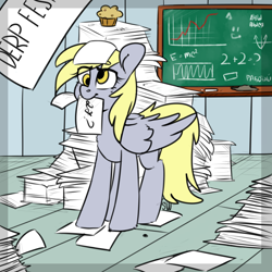 Size: 3000x3000 | Tagged: safe, artist:sugarstar, character:derpy hooves, species:pegasus, species:pony, chalkboard, female, food, mare, mouth hold, muffin, paper, russian, solo
