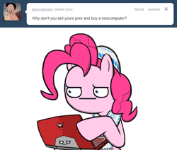Size: 650x550 | Tagged: safe, artist:flavinbagel, character:pinkie pie, species:earth pony, species:pony, ask, ask gamer ponies, computer, female, laptop computer, mare, simple background, solo, white background, yarmulke