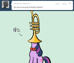 Size: 650x550 | Tagged: safe, artist:flavinbagel, character:twilight sparkle, species:pony, species:unicorn, ask, ask gamer ponies, bow tie, female, mare, musical instrument, simple background, solo, trumpet